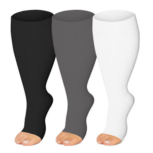 Plus Size Black White Gray Open Toe Compression Socks(3 Pairs) - image 1