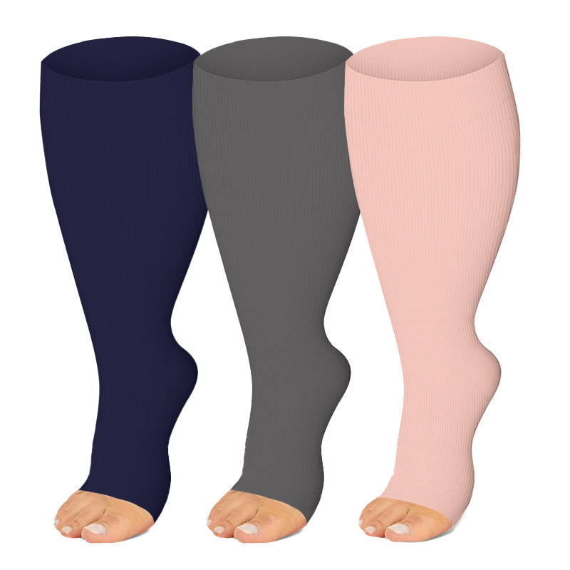 Plus Size Navy Blue Pink Open Toe Compression Socks(3 Pairs) - image 0