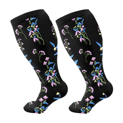 Plus Size Painted Flowers Compression Socks - Blue - 4XL - image 2