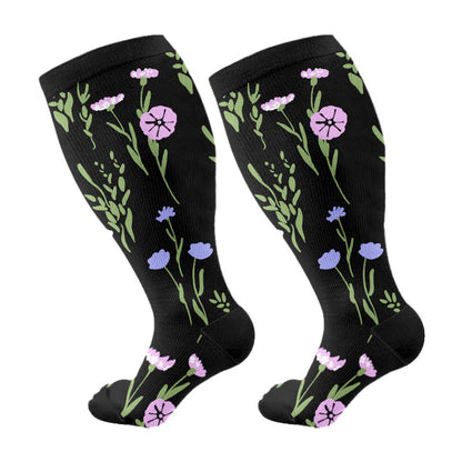 Plus Size Painted Flowers Compression Socks - Purple - 4XL - image 3