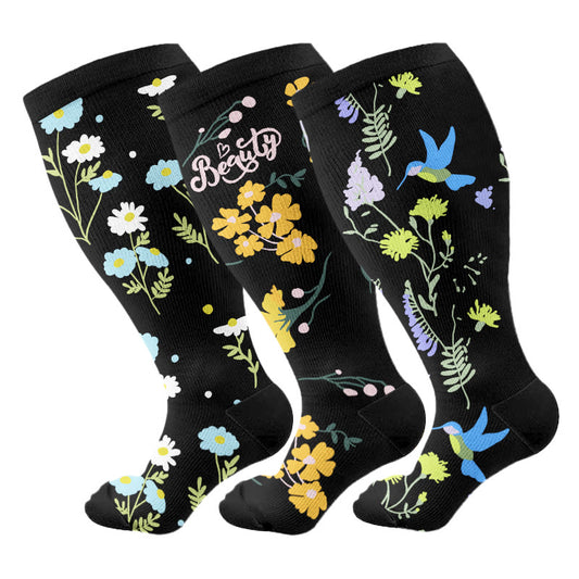 Plus Size Painted Flower Bird Compression Socks(3 Pairs) - Multicolor - 4XL - image 0