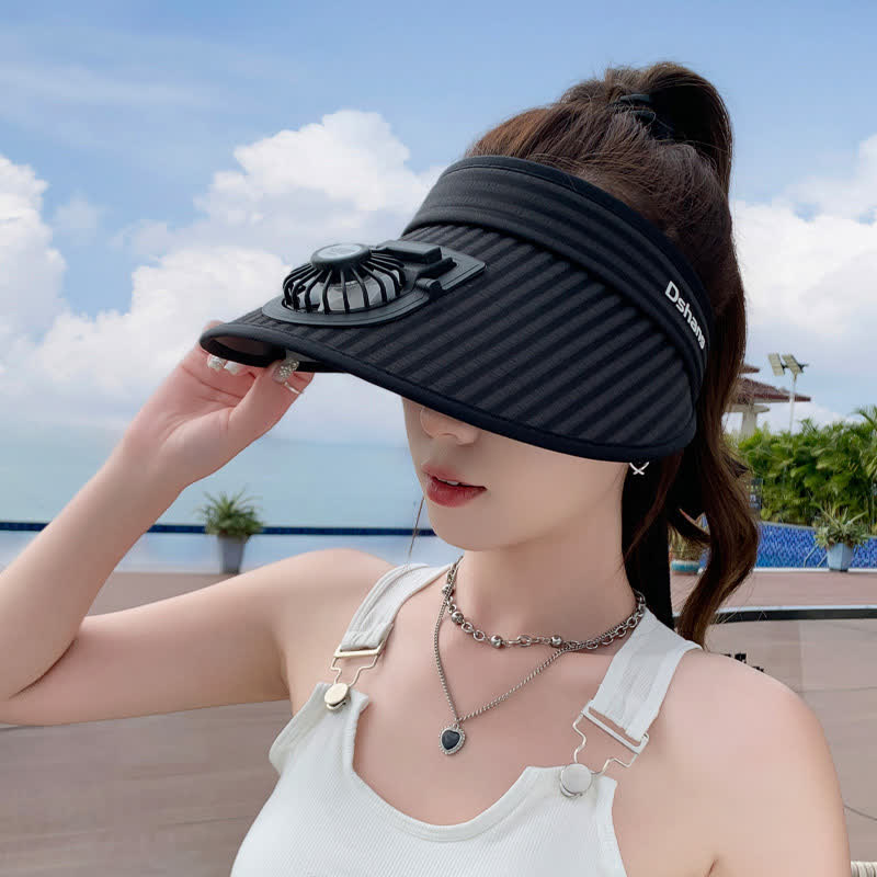 Striped Ribbon Rechargeable Fan Visor Sun Hat - Black - One Size - image 2