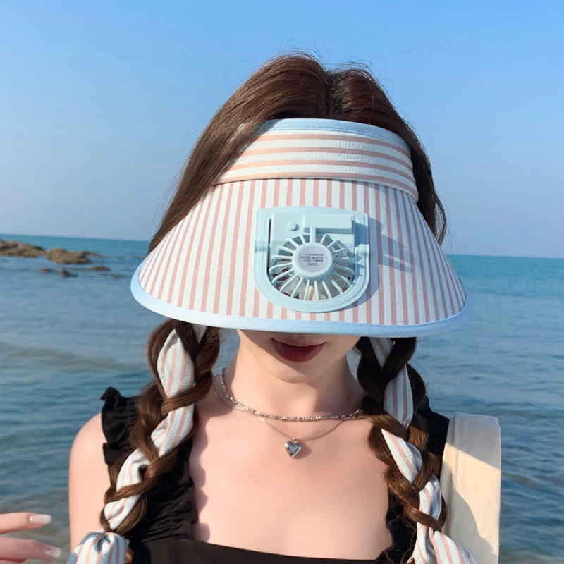 Striped Ribbon Rechargeable Fan Visor Sun Hat - Blue - One Size - image 1
