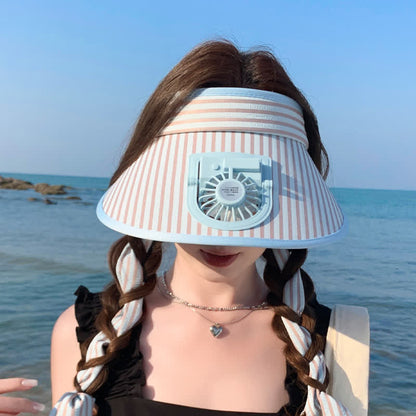 Striped Ribbon Rechargeable Fan Visor Sun Hat - Blue - One Size - image 1