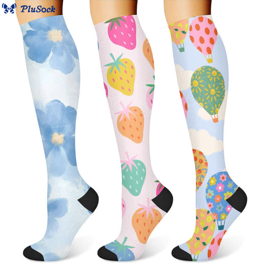 Floral Strawberry Hot Air Balloon Print Compression Socks(3 Pairs) - image 1