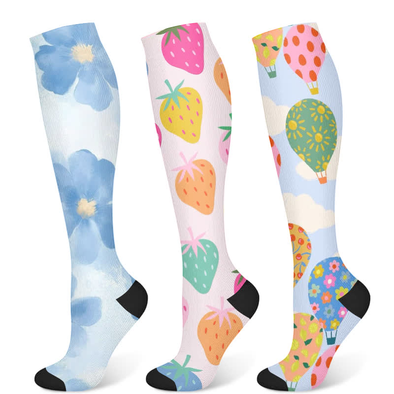 Floral Strawberry Hot Air Balloon Print Compression Socks(3 Pairs) - Multicolor - S/M - image 5