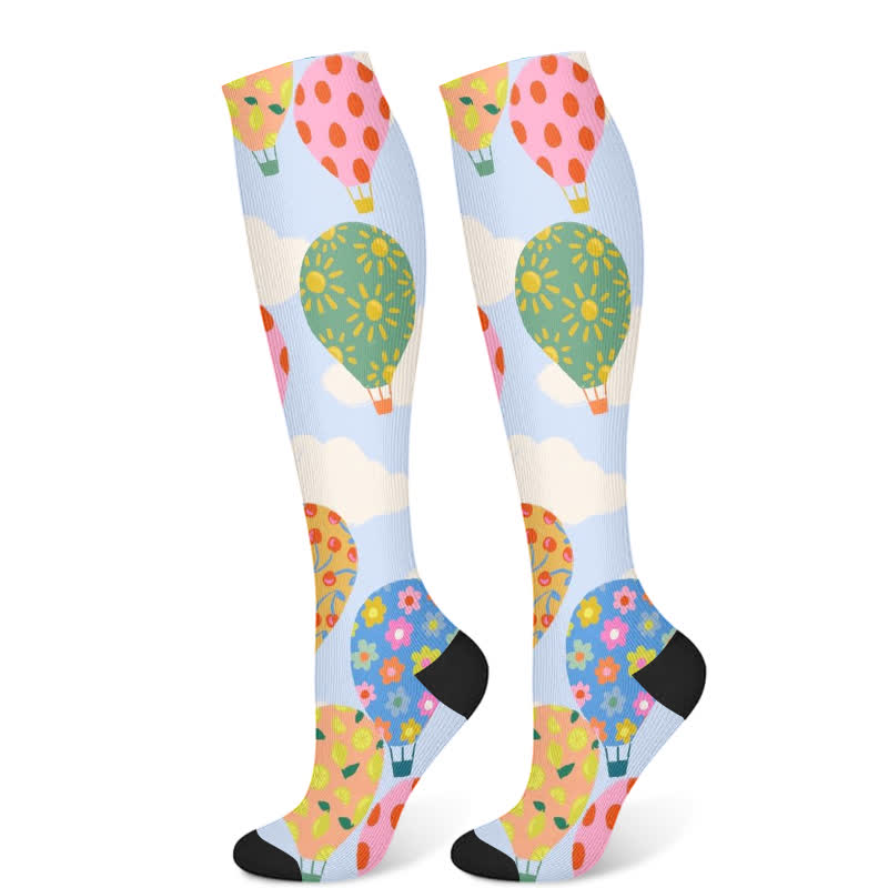 Floral Strawberry Hot Air Balloon Print Compression Socks(3 Pairs) - Blue&Green(1 Pair) - S/M - image 8