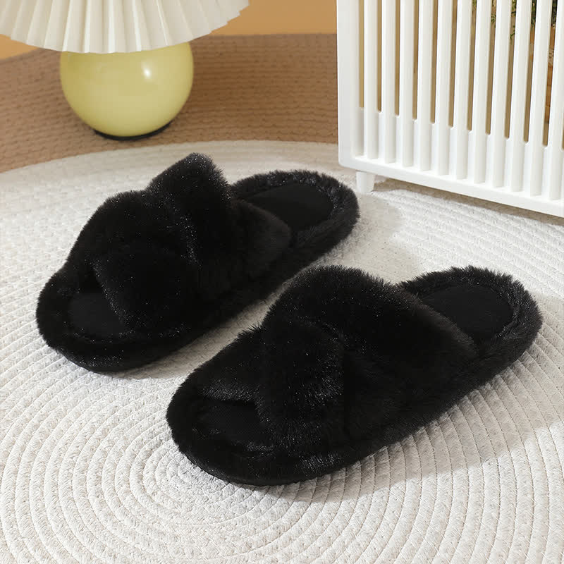 Plus Size Solid Color Fuzzy Cross Band Slippers