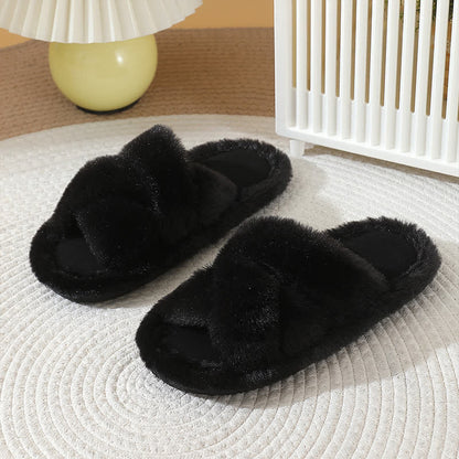 Plus Size Solid Color Fuzzy Cross Band Slippers