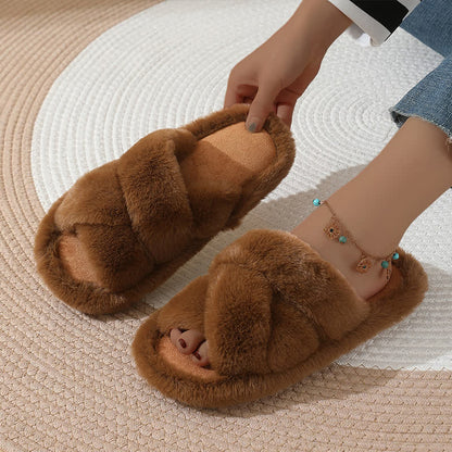 Plus Size Solid Color Fuzzy Cross Band Slippers