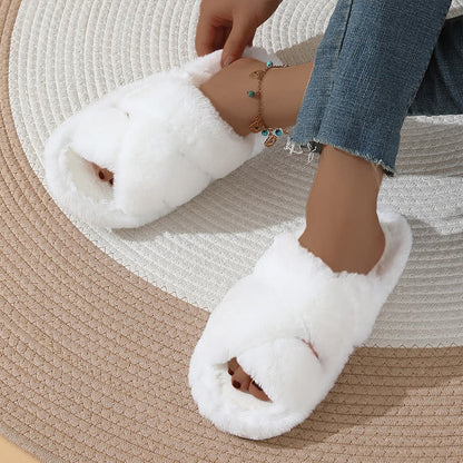 Plus Size Solid Color Fuzzy Cross Band Slippers