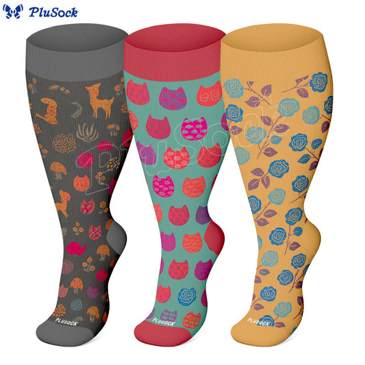 Plus Size Colorful Cat Compression Socks(3 Pairs)