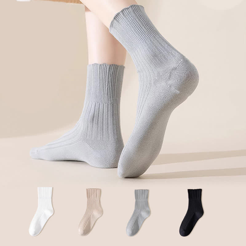 Loose Fit Cotton Quarter Socks with Lettuce Edge(4 Pairs)