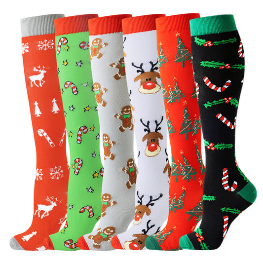 Christmas Reindeer Gingerbread Candy Cane Compression Socks(6 Pairs) - Multicolor - S/M - image 1