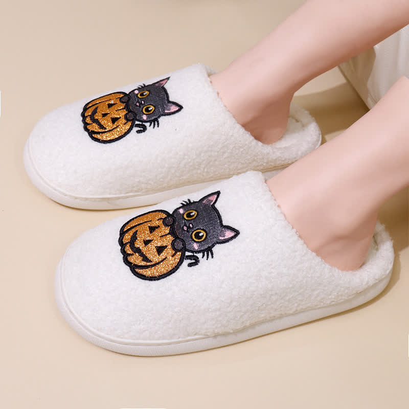 Plus Size Halloween Pumpkin Cat Print Slippers - image 0