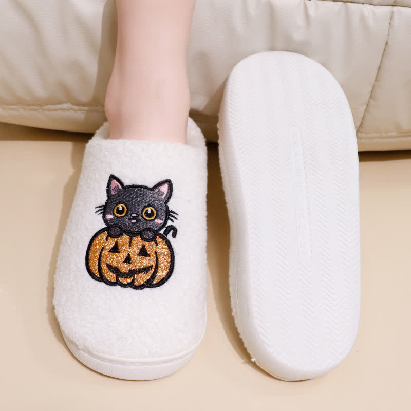 Plus Size Halloween Pumpkin Cat Print Slippers - image 2