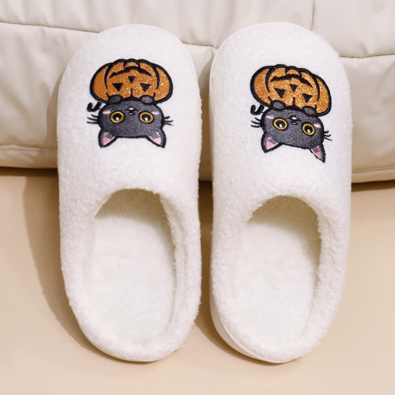 Plus Size Halloween Pumpkin Cat Print Slippers - White - EU44-45(US10-11) - image 1