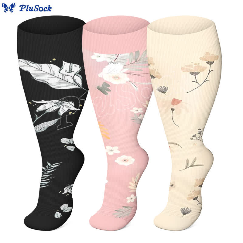 Plus Size Floral Leaf Series Compression Socks(3 Pairs) - image 0