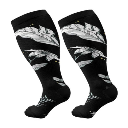 Plus Size Floral Leaf Series Compression Socks(3 Pairs) - Black - 4XL - image 5
