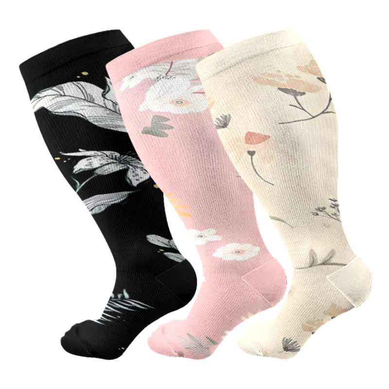 Plus Size Floral Leaf Series Compression Socks(3 Pairs) - Multicolor - 4XL - image 4