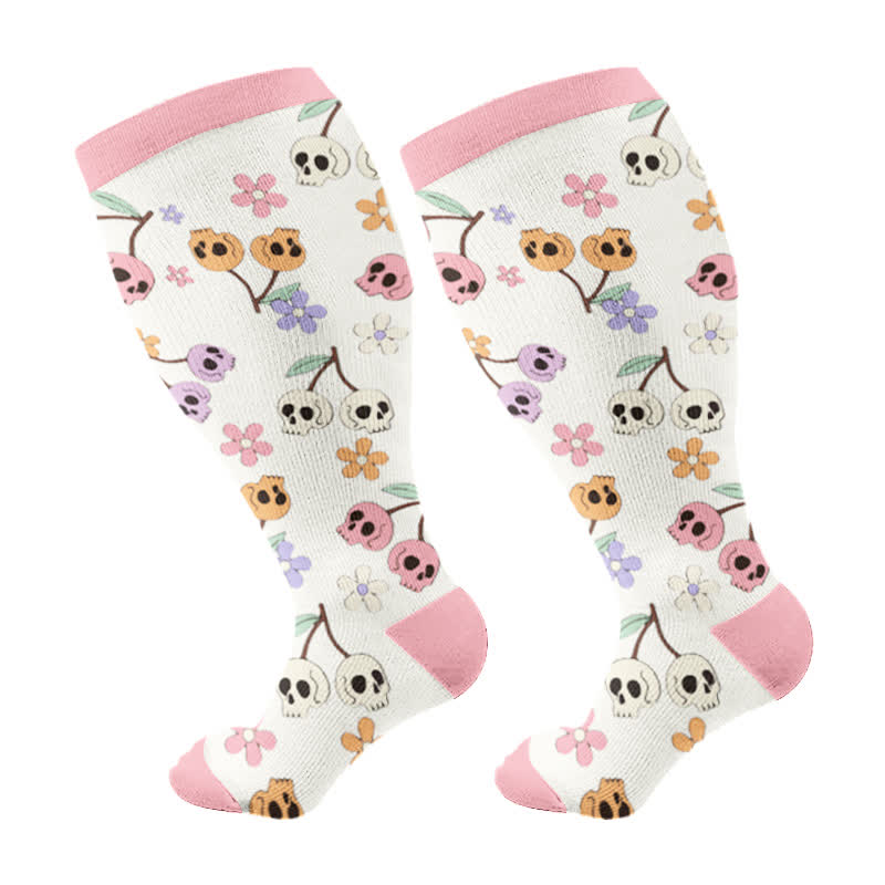 Plus Size Halloween Floral Skull  Series Compression Socks - Pink - 2XL - image 5