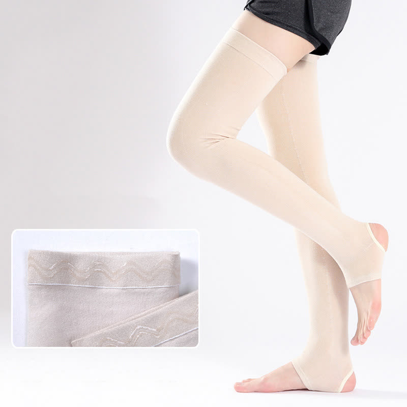 Solid Color Cotton Thigh Sleeves with Non-slip Silicone Grip - Beige - XL - image 4