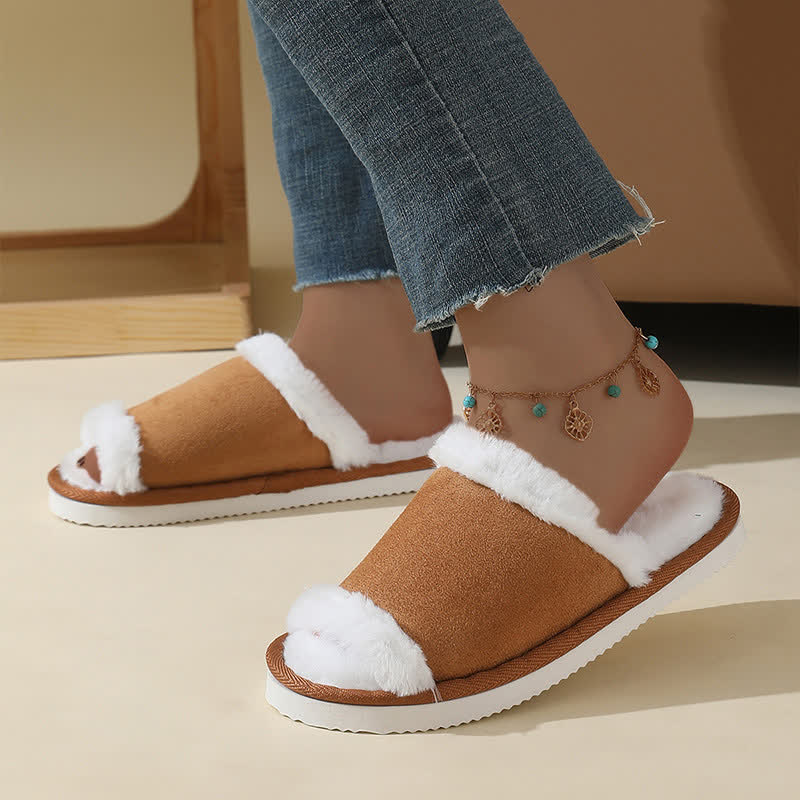 Suede Slippers with Fur Trim