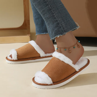 Suede Slippers with Fur Trim