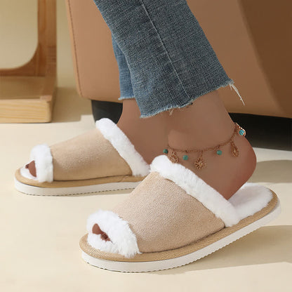Suede Slippers with Fur Trim