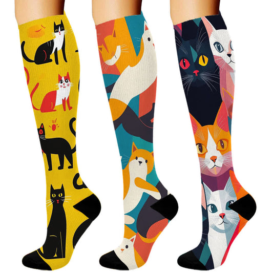 Artistic Cat Print Series Compression Socks(3 Pairs) - Set-A - S/M - image 1