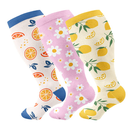 Plus Size Daisy Lemon Print Compression Socks(3 Pairs) - Multicolor - 4XL - image 5