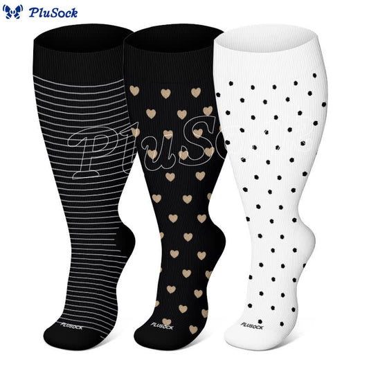 Plus Size Striped Heart Polka Dot Compression Socks(3 Pairs) - image 1