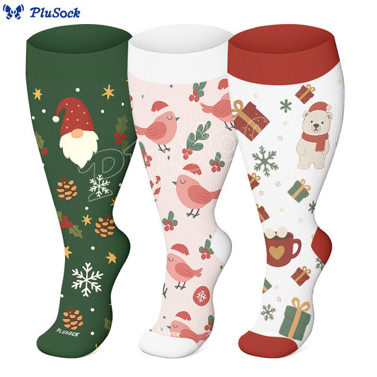 Plus Size Christmas Gnomes Birds Compression Socks(3 Pairs) - image 0