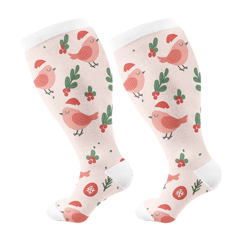 Plus Size Christmas Gnomes Birds Compression Socks - Pink - 4XL - image 5