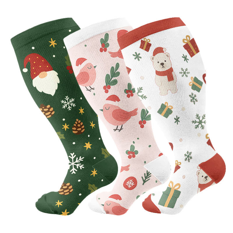Plus Size Christmas Gnomes Birds Compression Socks(3 Pairs) - image 4
