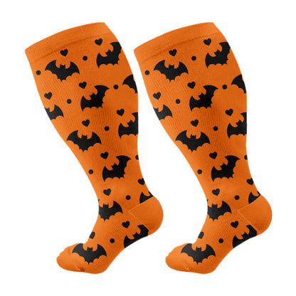 Plus Size Halloween Cute Bat Cat Print Compression Socks - Orange - 4XL - image 9