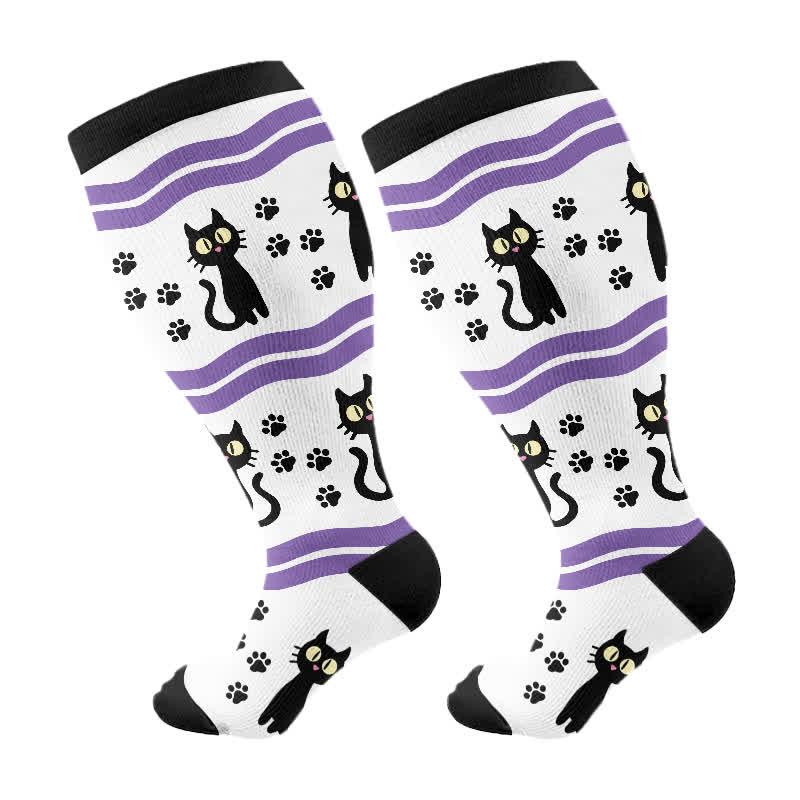 Plus Size Halloween Cute Bat Cat Print Compression Socks - White - 4XL - image 6