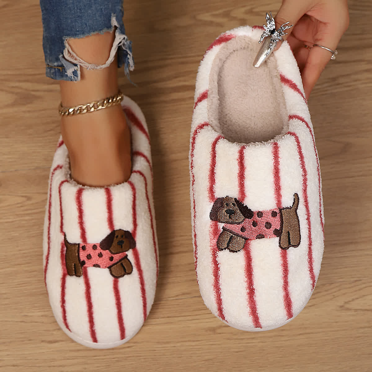 Striped Dog Print Slippers - Red - EU40-41(US7-7.5) - image 12