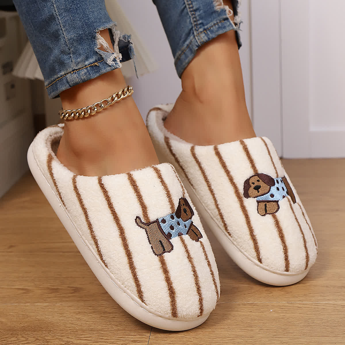 Striped Dog Print Slippers - image 1