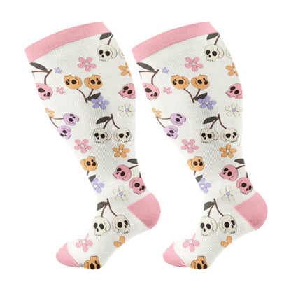 Plus Size Halloween Floral Skull  Series Compression Socks - Pink - 4XL - image 13