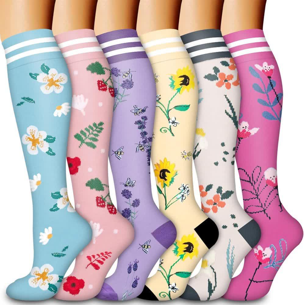 Striped Floral Compression Socks(6 Pairs) - Multicolor - S/M - image 1