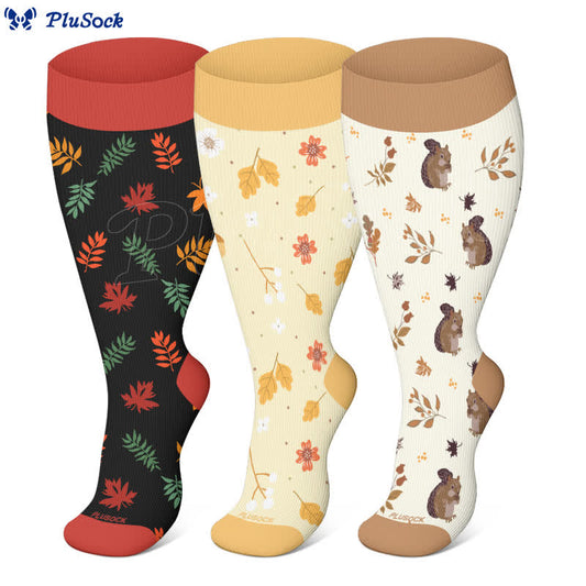 Plus Size Squirrel Leaf Print Compression Socks(3 Pairs) - image 0