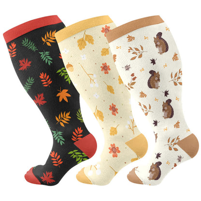 Plus Size Squirrel Leaf Print Compression Socks(3 Pairs) - image 6