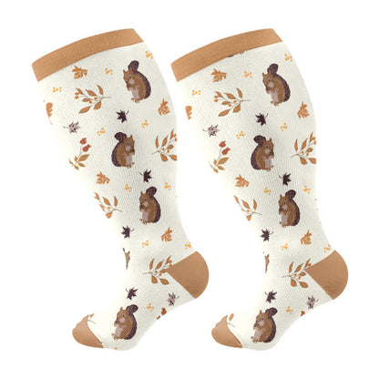 Plus Size Squirrel Leaf Print Compression Socks(3 Pairs) - image 9