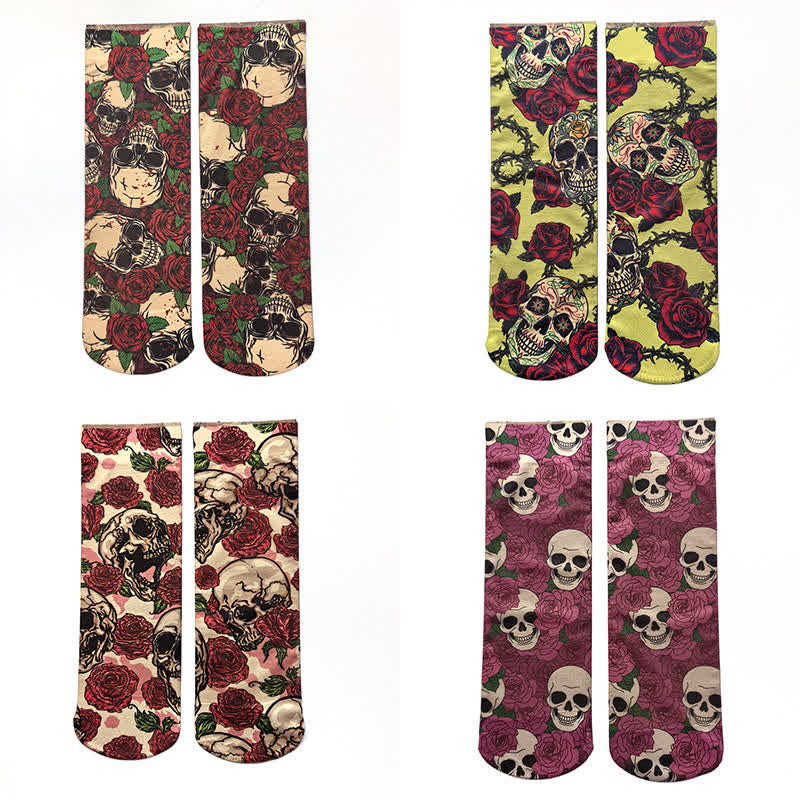 Halloween Rose Skull Print Ankle Socks(4 Pairs) - Multicolor - EU36-42(US3-8.5) - image 0