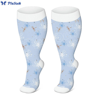 Plus Size Blue Flower Dragonfly Compression Socks(3 Pairs) - image 3