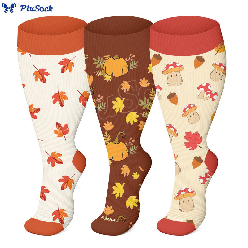 Plus Size Mushroom Maple Leaf Compression Socks(3 Pairs) - image 0