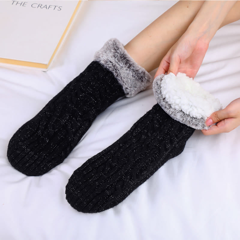 Plusock Plus Size Fleece Sock Cuffs Slipper Socks - Black - EU39-42(US6-8.5) - image 1