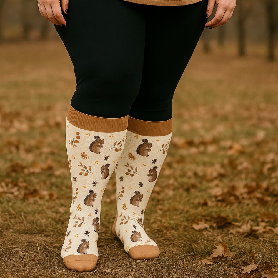 Plus Size Squirrel Leaf Print Compression Socks(3 Pairs) - image 1