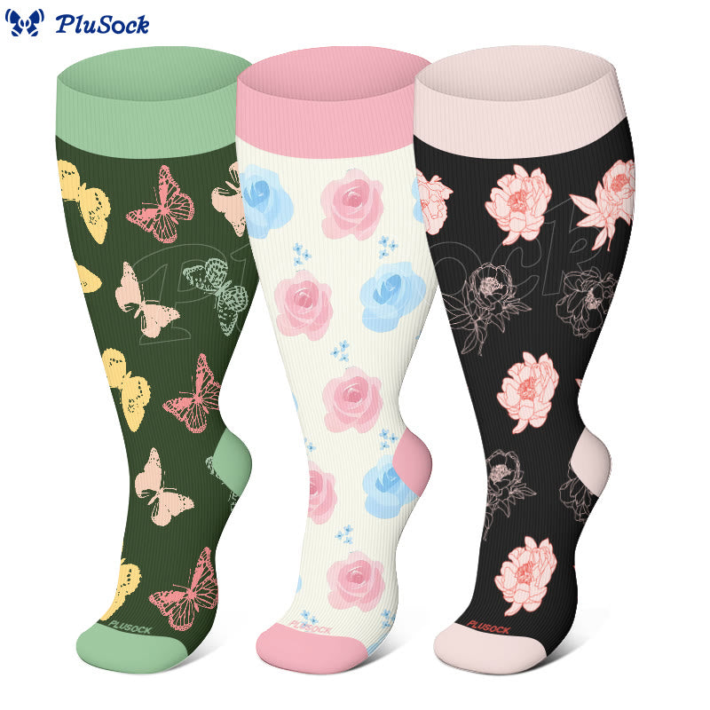Plus Size Butterfly Rose Camellia Compression Socks(3 Pairs) - image 0